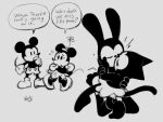  anthro black_and_white bottomwear clothing dialogue disney domestic_cat embrace english_text eyelashes eyes_closed felid feline felis female footwear group hand_holding inkblot kissing lagomorph leporid male male/female mammal mickey_mouse minnie_mouse monochrome mouse murid murine ortensia oswald_the_lucky_rabbit rabbit rodent shoes shorts skirt speech_bubble standing text toony unknown_artist 