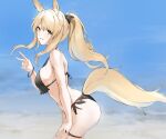  1girl alternate_costume animal_ears arknights bikini black_bikini black_wristband blemishine_(arknights) blonde_hair blue_sky breasts cowboy_shot day from_side highres horse_ears horse_girl horse_tail large_breasts long_hair looking_at_viewer ocean orange_eyes outdoors ponytail sideboob sky smile solo swimsuit tail thigh_strap unitsu v wristband 