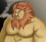  2022 anthro belly big_belly felid hi_res kemono lion male mammal moobs nipples overweight overweight_male pantherine siroihigenokoi smoking solo 