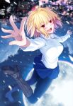  1girl :d arcueid_brunestud black_pantyhose blonde_hair blue_skirt blurry blurry_background blush boots floating_hair knee_boots long_sleeves medium_hair miniskirt mizunashi_hayate outstretched_arms pantyhose pleated_skirt red_eyes single_hair_intake skirt smile solo straight_hair sweater tsukihime white_sweater 