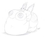  2022 adamios anthro belly big_belly big_breasts breasts feet female generation_2_pokemon hyper hyper_belly looking_down monochrome navel nintendo nipples obese obese_female overweight overweight_female pokemon pokemon_(species) quilava shawna_(sandslash) sketch solo video_games 