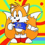  anniversary anthro black_nose clothing detailed_background english_text footwear fur male miles_prower nishi_oxnard open_mouth orange_body orange_fur red_clothing red_footwear red_shoes sega shirt shoes simple_background smile socks solo sonic_the_hedgehog_(series) t-shirt text tongue_showing topwear white_body white_clothing white_footwear white_fur white_socks yellow_background 