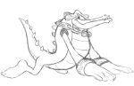  anthro barefoot black_and_white chain clothing crocodile crocodilian crocodylid feet gloves handwear kneeling male monochrome reptile scalie simple_background solo spines teeth_showing thegreatmatsutzu tongue white_background 