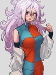  1girl android_21 black_nails breasts checkered_clothes checkered_dress dragon_ball dragon_ball_fighterz dress earrings fingernails glasses grey_background hair_between_eyes hoop_earrings jewelry kemachiku labcoat large_breasts long_hair looking_at_viewer majin_android_21 nail_polish open_mouth pink_hair red_eyes ring simple_background smile solo 