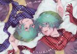  2boys :d aqua_eyes aqua_hair bangs beanie bed_sheet blue_scarf character_name dated dual_persona green_headwear hair_between_eyes happy_birthday hat highres hiyori_sou jacket jewelry key_necklace kimi_ga_shine looking_at_another male_focus multiple_boys necklace open_mouth polka_dot polka_dot_scarf purple_jacket red_scarf rotational_symmetry scarf shirt short_hair smile uououoon upper_body yellow_shirt 