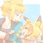  1boy 1girl :d blonde_hair blue_eyes cosplay hood hood_up katiko looking_at_another open_mouth pikachu pikachu_(cosplay) poke_kid_(pokemon) pokemon pokemon_(game) pokemon_dppt railing round_teeth short_hair sleeves_past_elbows smile teeth volkner_(pokemon) yellow_eyes 