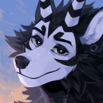  1:1 absurd_res ambiguous_gender anthro black_body black_eyes black_fur black_horn cheek_tuft closed_smile cloud corzh77 ear_piercing facial_tuft fur gauged_ear headshot_portrait hi_res horn looking_at_viewer mouth_closed neck_tuft outside piercing portrait pupils sky solo species_request striped_horn stripes tuft unsigned white_body white_fur white_horn white_pupils 