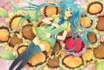  aqua_eyes aqua_hair bow bowtie cushion dress hatsune_miku highres itonoko long_hair lying ribbon solo thighhighs twintails very_long_hair vocaloid 