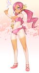  accessory_tan bikini bow bracelet flower hair_flower hair_ornament hanasaki_tsubomi hand_on_hip heart heartcatch_precure! index_finger_raised jewelry looking_at_viewer lowleg lowleg_bikini masn_(moxi) navel pink_background pink_bikini pink_bow pink_eyes pink_hair precure shirt_tan shoes shorts_tan smile solo sports_bikini standing swimsuit tan tanline twintails 