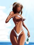  :p areolae bandeau bikini bikini_lift breasts brown_eyes brown_hair copyright_request dark_skin highleg highleg_bikini large_breasts lifted_by_self ml o-ring o-ring_top solo striped swimsuit thigh_gap tongue tongue_out water wide_hips 