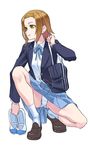  bag blazer brown_hair full_body hairband hamada_youho holding holding_shoes jacket k-on! legs loafers panties pantyshot ribbon school_uniform shoes short_hair shoulder_bag simple_background skirt socks solo tainaka_ritsu underwear uwabaki white_legwear white_panties yellow_eyes 