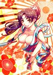  bare_shoulders breasts brown_eyes brown_hair cleavage closed_fan fan fatal_fury fingerless_gloves flower folding_fan gloves japanese_clothes large_breasts pelvic_curtain ponytail rising_sun shiranui_mai side_slit solo sunburst the_king_of_fighters z4 