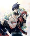  1girl aiya_kyuu angry blue_hair borrowed_garments cape carrying choker couple hetero multicolored_hair naked_cape naked_coat nia_teppelin nude princess_carry shirtless simon smirk tengen_toppa_gurren_lagann trench_coat two-tone_hair 