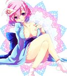  bare_shoulders breasts chigo cleavage collarbone head_tilt japanese_clothes kimono large_breasts legs lips off_shoulder pink_eyes pink_hair saigyouji_yuyuko short_hair sitting smile solo touhou triangular_headpiece 
