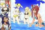  alternate_hairstyle ass ass_envy back beach bikini blonde_hair blue_eyes breast_envy breasts cloud day fuuro_(pokemon) grey_eyes hair_over_one_eye headphones highres hizumi_(s05a1064) iris_(pokemon) kamitsure_(pokemon) medium_breasts multiple_girls odd_one_out one-piece_swimsuit outdoors pokemon pokemon_(game) pokemon_bw pokemon_dppt ponytail purple_hair red_hair school_swimsuit shirona_(pokemon) sky swimsuit two_side_up water white_school_swimsuit white_swimsuit 