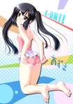  adjusting_clothes adjusting_swimsuit akino_shin ass bad_id bad_pixiv_id barefoot black_hair brown_eyes casual_one-piece_swimsuit feet k-on! legs long_hair nakano_azusa one-piece_swimsuit pink_swimsuit solo swimsuit twintails 
