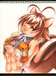  :3 abs animal_ears antenna_hair bare_shoulders blazblue breasts calnarsa fingerless_gloves gloves makoto_nanaya md5_mismatch medium_breasts multicolored_hair notepad orange_eyes revealing_clothes short_hair solo squirrel_ears squirrel_tail tail traditional_media two-tone_hair underboob 