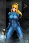  2009 bangs blonde_hair blue_eyes bodysuit breasts glowing gun handgun highres impossible_clothes ivan_flores large_breasts legs long_hair long_legs looking_at_viewer metroid parted_lips ponytail revision samus_aran scrunchie shiny shiny_clothes signature skin_tight solo spread_legs standing swept_bangs thighs weapon zero_suit 