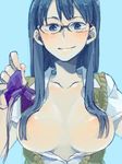  blue_eyes blue_hair blush breasts glasses hair_over_breasts huge_breasts long_hair morihito no_bra open_clothes open_shirt original school_uniform shirt solo sweater_vest 