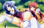  blue_hair blush daiuchuu_no_hokori leg_between_thighs maria_do_arcadia miria_do_arcadia multiple_girls panties red_hair ribbon-trimmed_legwear ribbon_trim school_uniform thighhighs underwear yuuki_hagure 