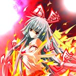  artist_request bow fire fujiwara_no_mokou hair_bow highres long_hair pants red_eyes silver_hair solo source_request suspenders touhou very_long_hair 