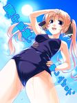  blonde_hair blue_eyes cloud day fang hand_on_hip hinohoshi_ataru one-piece_swimsuit open_mouth original school_swimsuit shochuumimai sun swimsuit twintails wet 
