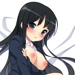  akiyama_mio black_hair blue_eyes blush breasts breasts_outside face k-on! large_breasts long_hair lying munashi_mujou nipples on_side shiny shiny_skin solo upper_body 