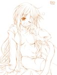  breasts large_breasts long_hair lucky_star minegishi_ayano monochrome no_bra open_clothes open_shirt panties shirt sleepy solo underwear uni-corn very_long_hair 