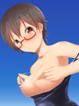  bad_id bad_pixiv_id bare_shoulders breasts brown_eyes brown_hair glasses k-on! manabe_nodoka medium_breasts one-piece_swimsuit red-framed_eyewear semi-rimless_eyewear shimoku short_hair solo swimsuit under-rim_eyewear wet 