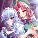  :&lt; annoyed blowing blue_eyes blush braid breasts chinese_clothes cleavage eargasm green_eyes hat hong_meiling izayoi_sakuya kinntarou large_breasts long_hair maid maid_headdress medium_breasts multiple_girls red_hair short_hair silver_hair tea teapot touhou twin_braids 