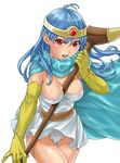  areolae between_breasts blue_hair breasts cape circlet covered_nipples dragon_quest dragon_quest_iii elbow_gloves gloves medium_breasts panties red_eyes sage_(dq3) skirt solo staff touzai underwear 