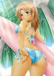  adjusting_clothes adjusting_swimsuit ass ayato bad_id bad_pixiv_id bikini bikini_tan blue_eyes breasts brown_hair covered_nipples cowboy_shot day from_behind from_below highres lens_flare looking_at_viewer looking_back lyrical_nanoha mahou_senki_lyrical_nanoha_force mahou_shoujo_lyrical_nanoha_strikers medium_breasts open_mouth palm_tree shiny shiny_skin short_hair solo striped striped_bikini surfboard swimsuit tan tanline tree underboob yagami_hayate 