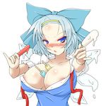  alternate_breast_size areola_slip areolae between_breasts blue_eyes blue_hair blush body_blush bow breasts cirno cleavage facial_mark food forehead_mark giving hair_bow hairband highres himenomikan large_breasts melting mundane_utility no_bra nose_blush older open_clothes open_shirt popsicle shiny shiny_skin shirt simple_background solo touhou undone_necktie upper_body white_background wings 