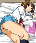  ass blue_skirt brown_hair condom hair_ribbon kita_high_school_uniform kneepits panties pantyshot ribbon sandansu school_uniform serafuku skirt solo suzumiya_haruhi suzumiya_haruhi_no_yuuutsu tissue underwear white_panties yellow_eyes 