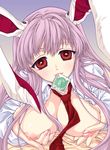  animal_ears breasts bunny_ears condom condom_in_mouth highres large_breasts lavender_hair long_hair mouth_hold necktie nipples red_eyes red_neckwear reisen_udongein_inaba solo touhou yukarigawa_yumiya 