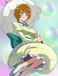  ban_keiko blue_eyes bow breasts brown_hair bubble earrings from_below haruyama_kazunori heartcatch_precure! jewelry large_bow large_breasts panties parasol precure solo umbrella underwear upskirt 