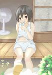  artist_request black_hair blush brown_eyes camisole food lingerie navel original panties popsicle sandals short_hair solo underwear 