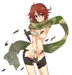  bandages bike_shorts breast_hold breasts camouflage covering covering_crotch fingerless_gloves gloves green_scarf kunai navel original red_hair scarf solo tears torn_clothes ushiki_yoshitaka weapon 