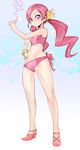  bikini blue_background bow bracelet flower hair_flower hair_ornament hanasaki_tsubomi hand_on_hip heart heartcatch_precure! index_finger_raised jewelry looking_at_viewer lowleg lowleg_bikini masn_(moxi) navel pink_bikini pink_bow pink_eyes pink_hair precure shoes smile solo sports_bikini standing swimsuit twintails 