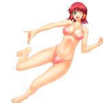  :d a1 barefoot bikini breasts cleavage clenched_hand full_body green_eyes hair_tubes large_breasts navel one_eye_closed open_mouth outstretched_hand pink_bikini quiz_magic_academy red_hair ruquia short_hair smile solo swimsuit transparent_background 