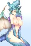  animal_ears aqua_hair breasts gradient_hair green_hair highres horns huge_breasts long_hair lunastra monster_girl monster_hunter multicolored_hair navel nipples nude personification purple_hair scales solo tail wings yellow_eyes yui.h 