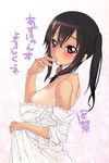  breasts brown_eyes brown_hair choker dress dress_pull finger_to_mouth flower from_side k-on! long_hair looking_at_viewer nagy nakano_azusa nipples one-piece_tan parted_lips rose saliva small_breasts solo sweat tan tanline twintails 
