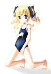  akechi_kokoro bad_feet barefoot blonde_hair blue_eyes competition_school_swimsuit drill_hair flat_chest kneeling long_hair one-piece_swimsuit school_swimsuit sekki solo swimsuit tantei_opera_milky_holmes twintails 