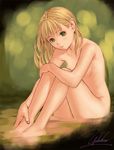  barefoot blonde_hair feet green_eyes hands_on_feet leg_hug long_hair nude original signature solo water yukihiro 