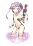  armband bad_id bad_pixiv_id bare_shoulders bracelet copyright_request flat_chest gia glowing gun hair_ornament handgun jewelry navel purple_eyes purple_hair short_hair smile solo water weapon 