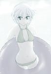  ahoge akahige bare_shoulders bikini breasts cleavage collarbone expressionless flat_chest innertube looking_at_viewer monochrome nagato_yuki navel short_hair small_breasts solo sparkle spot_color suzumiya_haruhi_no_yuuutsu swimsuit wading water 