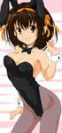  animal_ears brown_eyes brown_hair bunny_ears bunnysuit hair_ribbon nanashi_noiji pantyhose ribbon short_hair solo suzumiya_haruhi suzumiya_haruhi_no_yuuutsu 