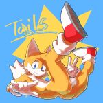  1:1 2_tails anthro balls black_nose blue_eyes boots canid canine character_name clothing footwear fox fur genitals gesture gloves handwear hi_res jimnydaisuki male mammal miles_prower multi_tail nude sega simple_background smile solo sonic_the_hedgehog_(series) v_sign white_body white_fur yellow_body yellow_fur 