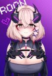 1girl absurdres angry azur_lane black_choker black_gloves blonde_hair breasts character_name choker cleavage colored_tips cross elbow_gloves eyes_in_shadow frills gloves hair_ornament hands_on_own_chest heart highres littlechim multicolored_hair roon_(azur_lane) roon_(muse)_(azur_lane) smile solo yellow_eyes 