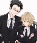  2boys bishounen black_hair blonde_hair business_suit closed_mouth commentary_request formal glasses highres hunter_x_hunter kurapika leorio_paladiknight long_sleeves looking_at_viewer male_focus multiple_boys necktie shirt short_hair simple_background suit sunglasses white_shirt yuehxh 